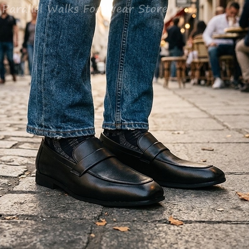 Men Shoes Formal - Мужские черные кожаные лоферы без шнуровки